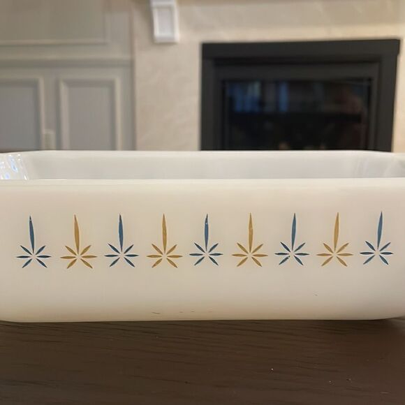 Vintage Fire King Starburst Atomic Loaf Pan Casserole Dish Mid Century Modern - Picture 2 of 6